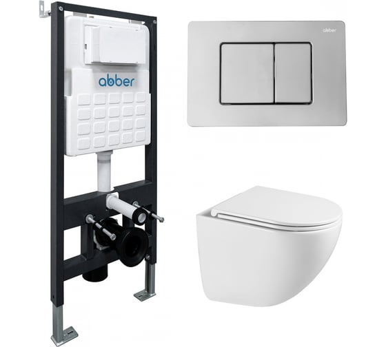 Изображение товара Комплект подвесной унитаз ABBER Bequem AC1131TC белый, с закрытым дном с инсталляцией AC0105 и кнопкой AC0120 хром глянцевый AC1131TC-AC0105-AC0120