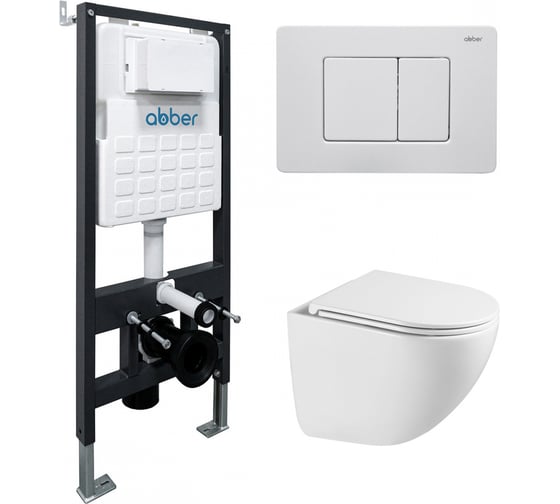 Изображение товара Комплект подвесной унитаз ABBER Bequem AC1131TC белый, с закрытым дном с инсталляцией AC0105 и кнопкой AC0120MW белая матовая AC1131TC-AC0105-AC0120MW