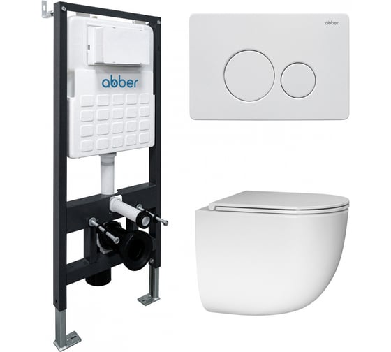 Изображение товара Комплект подвесной унитаз ABBER Bequem AC1132TC белый, с закрытым дном с инсталляцией AC0105 и кнопкой AC0121MW белая матовая AC1132TC-AC0105-AC0121MW
