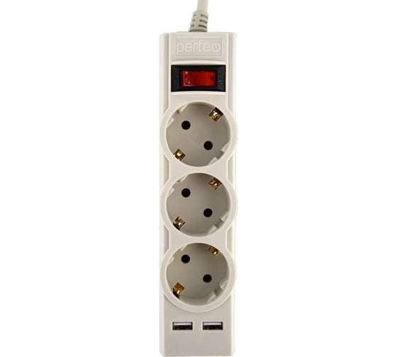 Изображение товара Сетевой фильтр Perfeo POWER-S, 3,0м, 3 розетки 10А, 2USB, 2500 Вт, двойная защита, серый. 30023700
