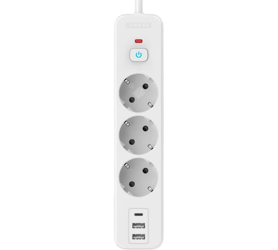 Изображение товара Сетевой фильтр Perfeo REAL HOME 1,0м, 3 розетки, 2USB+1TYPE-C, 16А, 3500 Вт,тройная защита,белый. 30025613