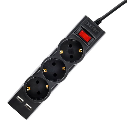 Изображение товара Сетевой фильтр Perfeo POWER-S, 1,8м, 3 розетки 10А, 2USB, 2500 Вт, двойная защита, черный. 30023699