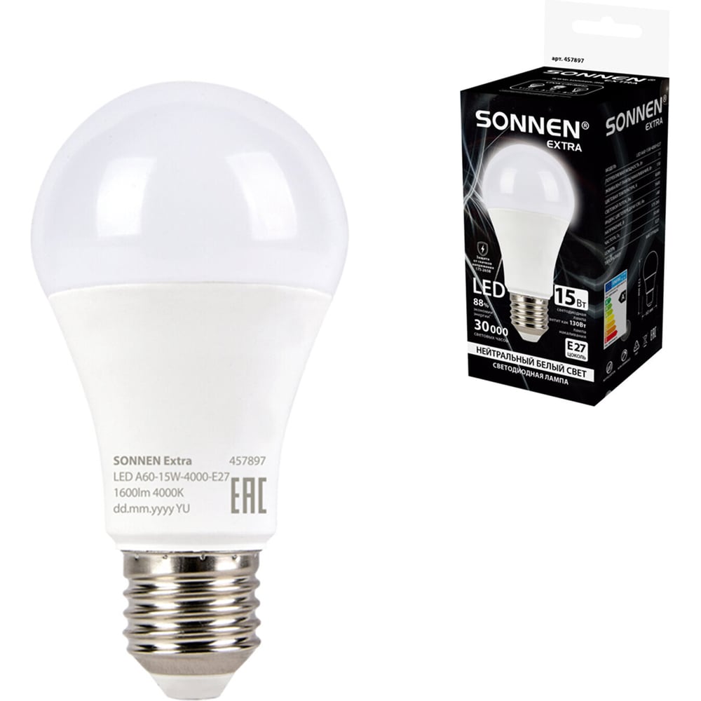 Изображение товара Лампа светодиодная SONNEN EXTRA 15 (130) Вт Е27 груша нейтральный белый LED A60-15W-4000-Е27, 457897