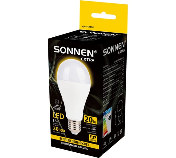 Изображение товара Лампа светодиодная SONNEN EXTRA 20 (150) Вт Е27 груша теплый белый LED A65-20W-2700-Е27, 457898