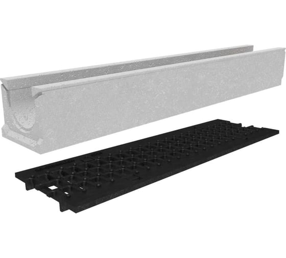 Изображение товара Лоток бетонный Gidrolica DN100 H132, без уклона с чугунной ячеистой решеткой и пружинным крепежом кл.С250 13000032