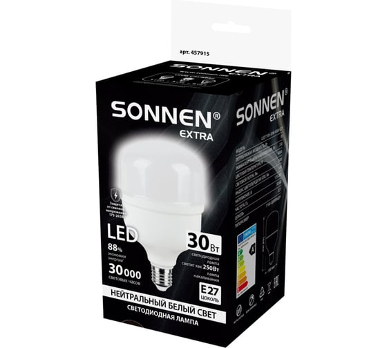 Изображение товара Лампа светодиодная SONNEN EXTRA 30 (250) Вт Е27 цилиндр нейтральный белый LED Т100-30W-4000-Е27, 457915