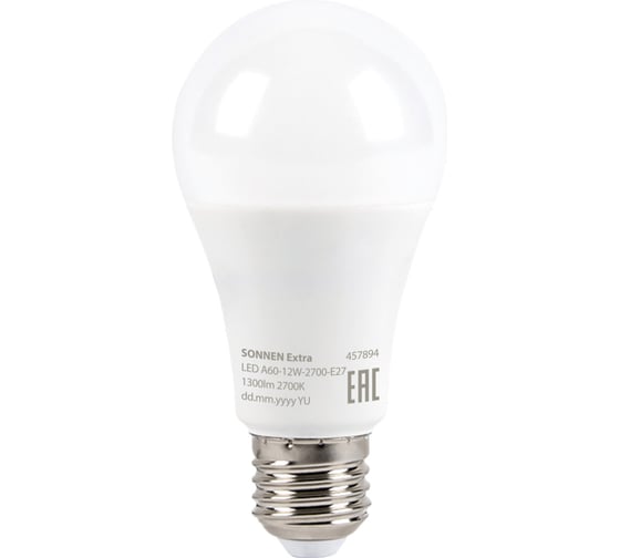 Изображение товара Лампа светодиодная SONNEN EXTRA 12 (100) Вт Е27 груша теплый белый LED A60-12W-2700-Е27, 457894