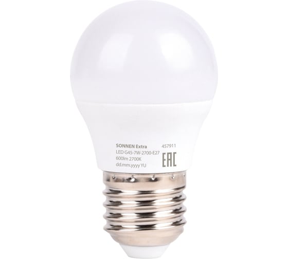Изображение товара Лампа светодиодная SONNEN EXTRA 7 (60) Вт E27 шар теплый белый LED G45-7W-2700-Е27, 457911