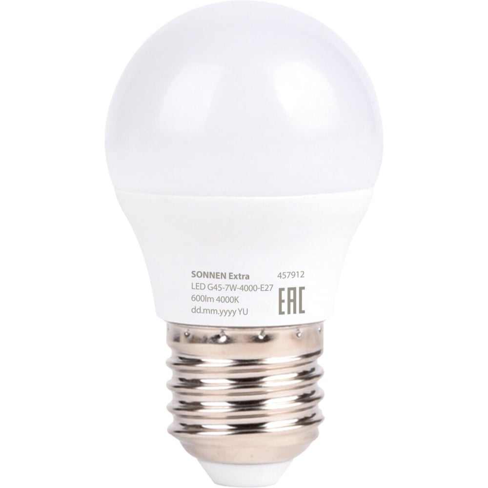 Изображение товара Лампа светодиодная SONNEN EXTRA 7 (60) Вт E27 шар нейтральный белый LED G45-7W-4000-Е27, 457912