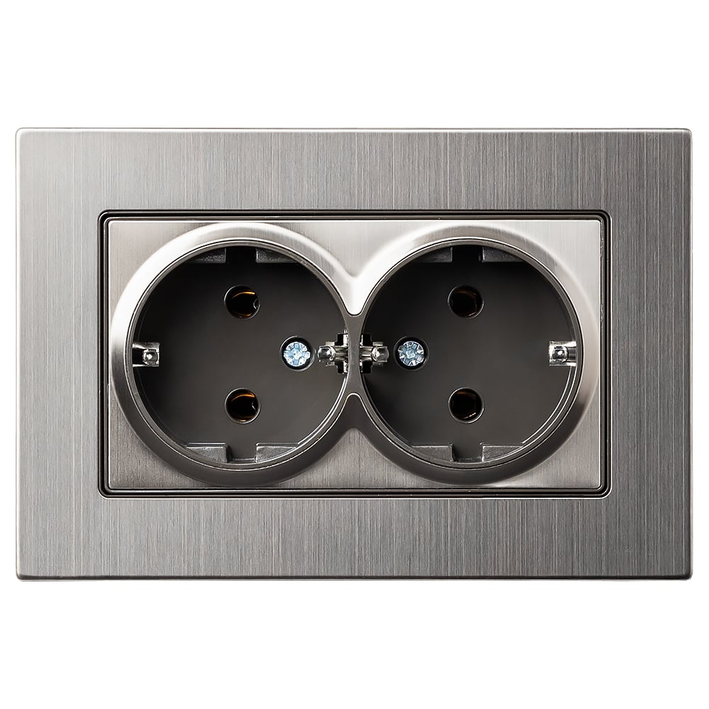Изображение товара Розетка двойная SMARTBUY с заземлением серый никель с рамкой Нептун SBE-06gn-16-S2-Z