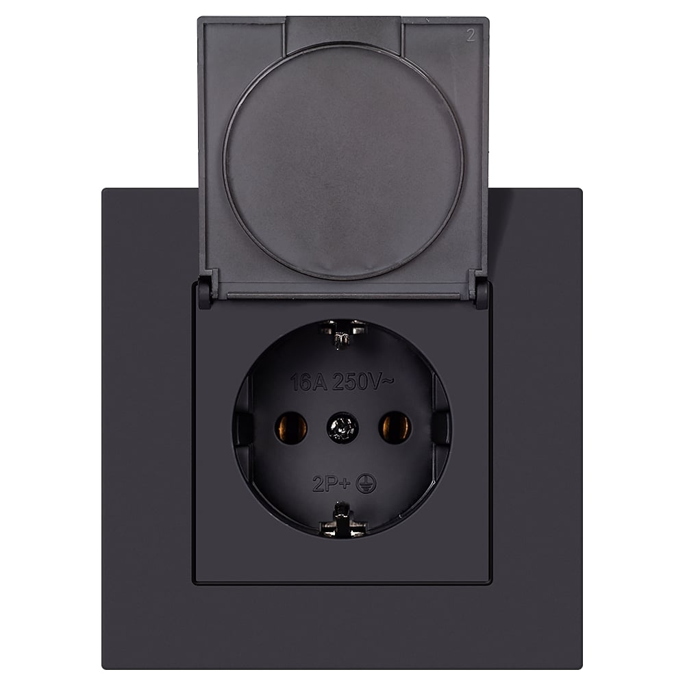 Изображение товара Розетка одноместная SMARTBUY с заземлением с крышкой независимая 16А черная Альтаир SBE-i11b-16-S1-1ZK