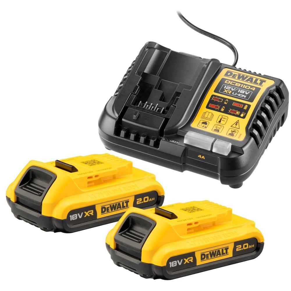 Изображение товара Dewalt Набор DCB1104D2: 2 АКБ DCB183, Li-Ion, 18 В, 2 Ач и зарядное устройство DCB1104, 12/18 В, 4A DCB1104D2-QW Изображение товара Dewalt Набор DCB1104D2: 2 АКБ DCB183, Li-Ion, 18 В, 2 Ач и зарядное устройство DCB1104, 12/18 В, 4A DCB1104D2-QW