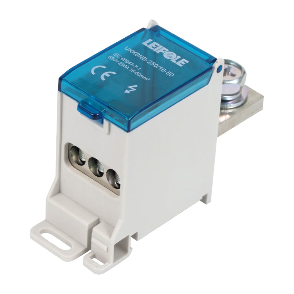 Изображение товара Распределительный блок Leipole UKK6NB 250А 690В на DIN-рейку серый/синий