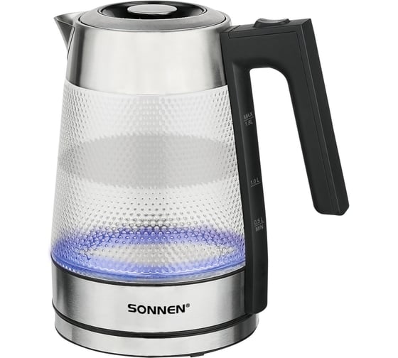 Изображение товара Чайник электрический SONNEN KT-1809, 1,8л, 2200 Вт, стекло, сталь, подсветка, узор ромб 455142