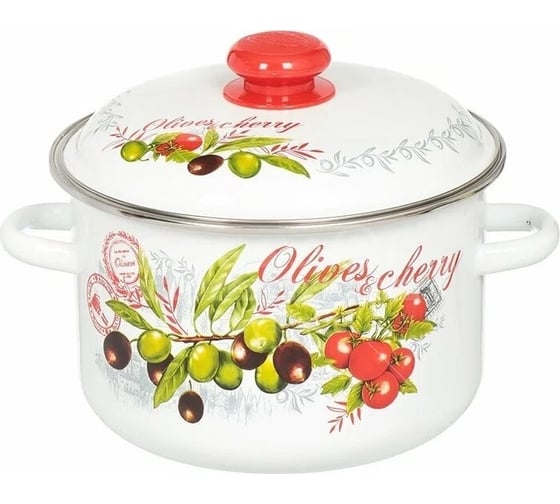 Изображение товара Эмалированная кастрюля Сибирские товары Оливки и черри цилиндрическая, 4.0 л, с ободком, белая ПД4400