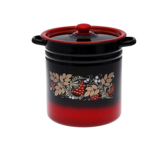 Изображение товара Эмалированная кастрюля Сибирские товары цилиндрическая,12 л, декор красно-черный, с пластиковой кнопкой С1624.38 ПС3533