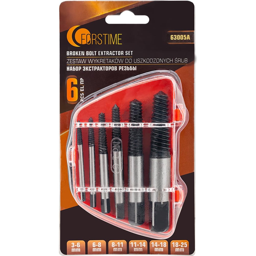 Изображение товара Набор экстракторов резьбы FORSTIME, 6 предметов, М3–М25, Ø: 3–6 мм, 6–8 мм, 8–11 мм, 11–14 мм, 14–18 мм, 18–25 мм, мелкий шаг, в пластиковом футляре FT-63005A 65769