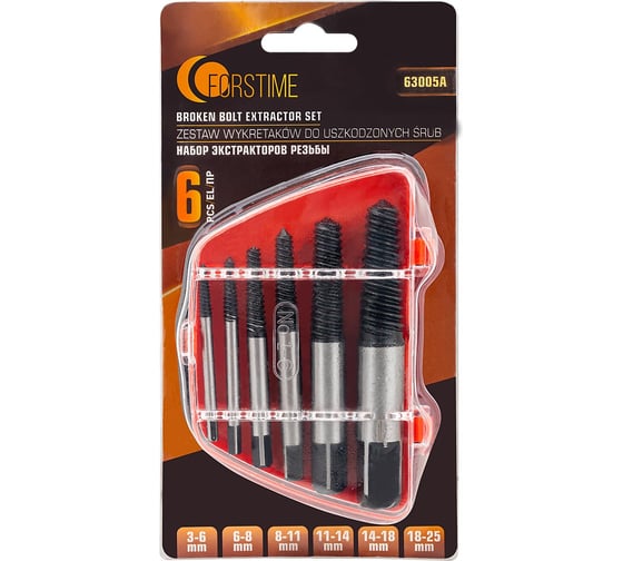 Изображение товара Набор экстракторов резьбы FORSTIME, 6 предметов, М3–М25, Ø: 3–6 мм, 6–8 мм, 8–11 мм, 11–14 мм, 14–18 мм, 18–25 мм, мелкий шаг, в пластиковом футляре FT-63005A 65769