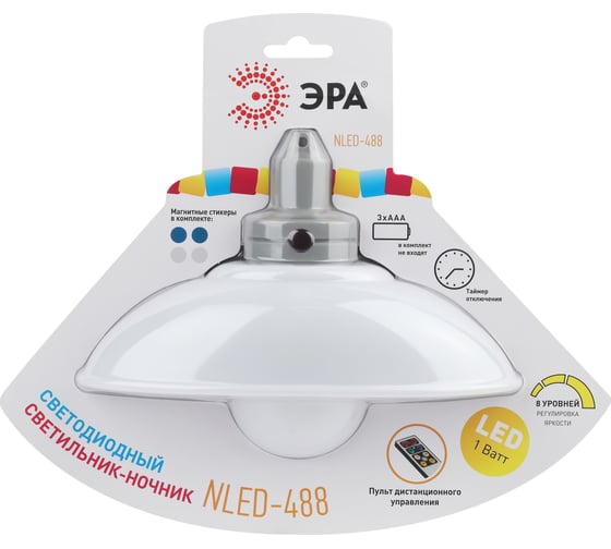 Изображение товара Светодиодный ночник-светильник ЭРА NLED-488-1W-MS-W настенный, на батарейках, с пультом белый, Б0051478
