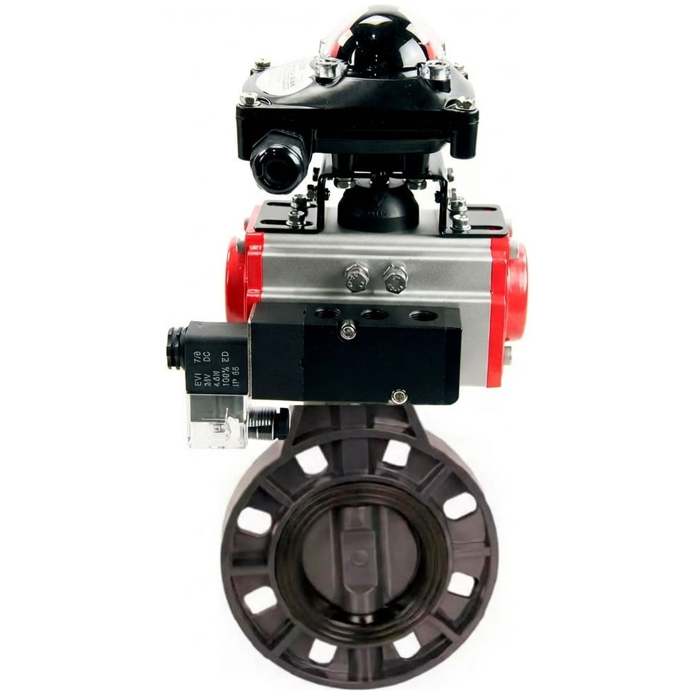 Изображение товара Затвор дисковый DN.ru НПВХ-НПВХ-E-2W-Fb-ISO 200 мм пневмопривод профессиональный