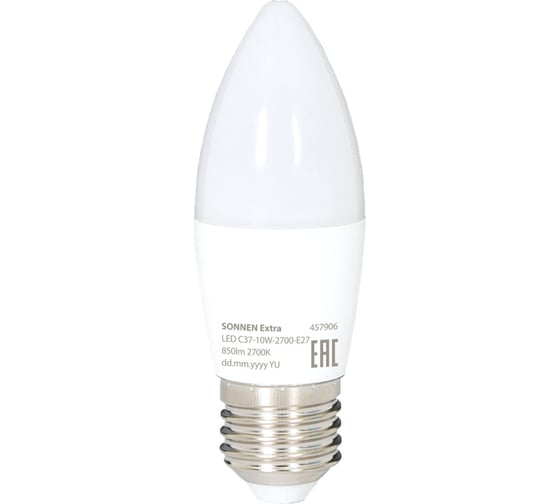 Изображение товара Лампа светодиодная SONNEN EXTRA 10 (85) Вт Е27 свеча теплый белый LED C37-10W-2700-Е27, 457906