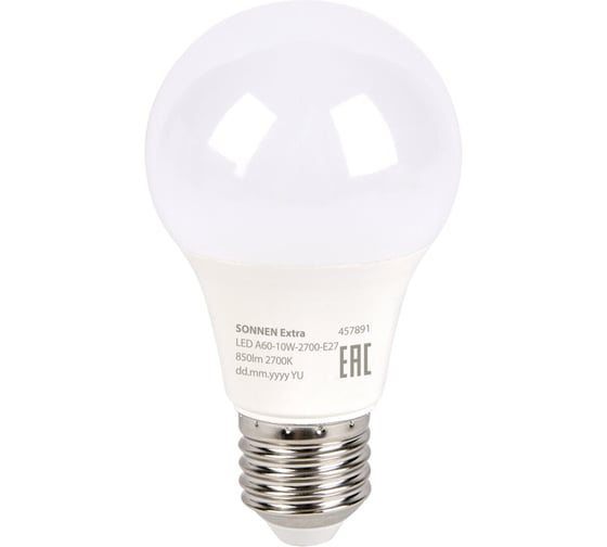 Изображение товара Лампа светодиодная SONNEN EXTRA 10 (85) Вт Е27 груша теплый белый LED A60-10W-2700-Е27, 457891