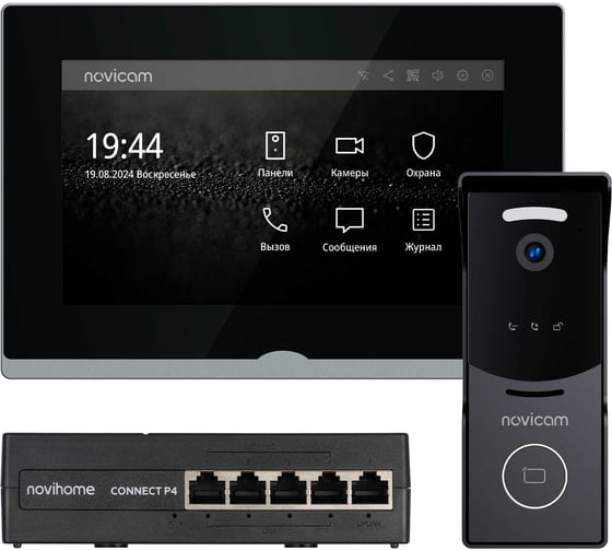 Изображение товара Комплект IP-видеодомофона Novicam  IMPULSE 7 IP KIT BLACK. Сенсорный видеодомофон, вызывная панель со считывателем, PoE-коммутатор. Поддержка SIP. Приложение Smart Life 4646