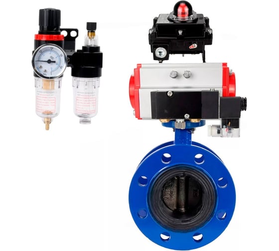 Изображение товара Затвор дисковый DN.ru GGG40-304-EPDM-2W-F-H Ду100 Ру16 пневмопривод DA-105, пневмораспределитель 24VDC, БКВ LSB-410, БПВ D050-56605