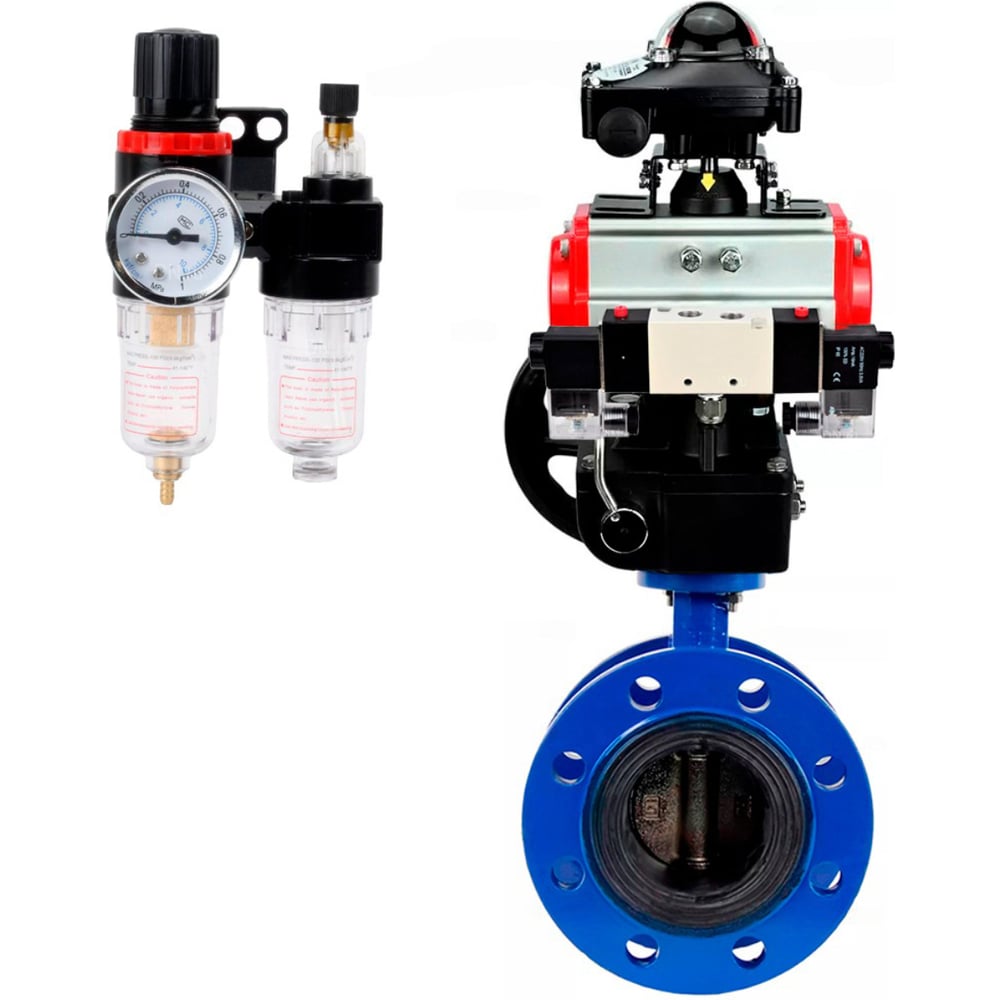 Изображение товара Затвор дисковый DN.ru GGG40-304-EPDM-2W-F-H Ду80 Ру16 пневмопривод 220VAC