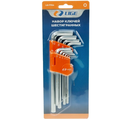 Изображение товара Набор ключей шестигранных Г-образных LIGE 1.5,2,2.5,3,4,5,5.5,6,8,10 мм - 10 предметов LG-7704 189622