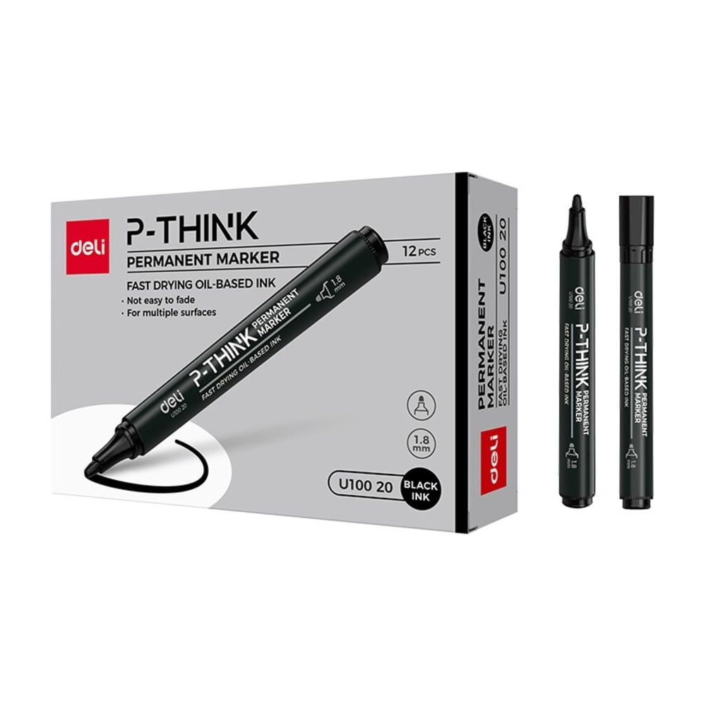 Изображение товара Перманентный маркер DELI Mate двойной наконечник 0.5-1мм черный, набор 12 шт