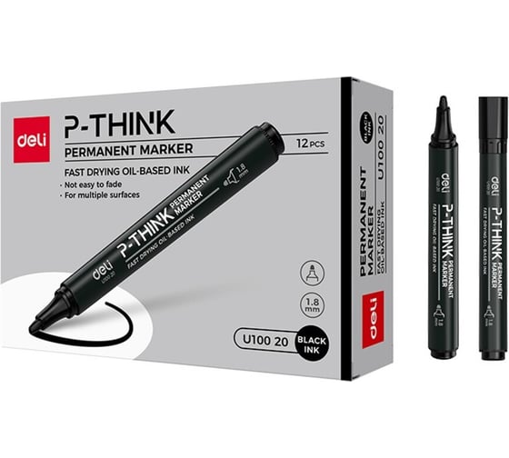 Изображение товара Маркер перманентный DELI Mate двойной пиш.наконечник 0.5-1мм, черный, 12 шт EU10420