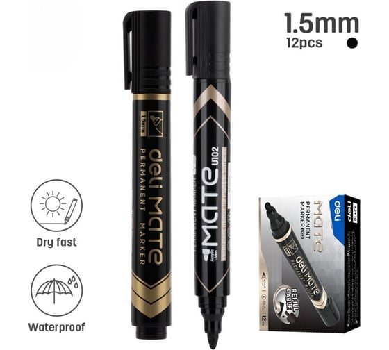 Изображение товара Маркер перманентный DELI Mate круглый пиш.наконечник 1.5мм, черный, 12шт EU10220