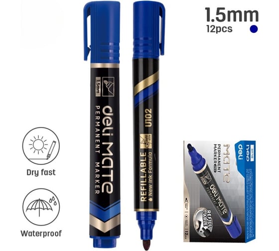 Изображение товара Маркер перманентный DELI Mate круглый пиш.наконечник 1.5мм, синий, 12шт EU10230