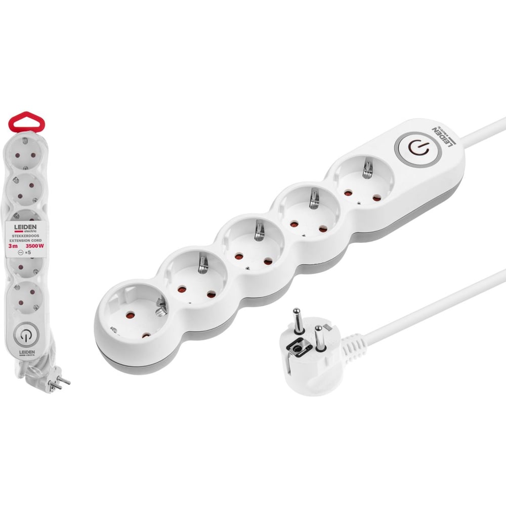 Изображение товара Удлинитель LEIDEN ELECTRIC 3 м 5 розеток 3,5 кВт с заземлением и выключателем 805039 ЦЗ-0547777536