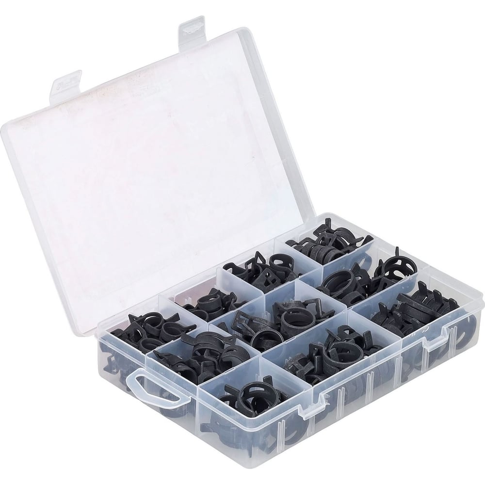 Изображение товара Хомуты пружин. AIRLINE набор 98шт. (13,14,15,16,18,20,21,22,23,24мм) самозажим., хром-цинк, черн., кейс ADSH030