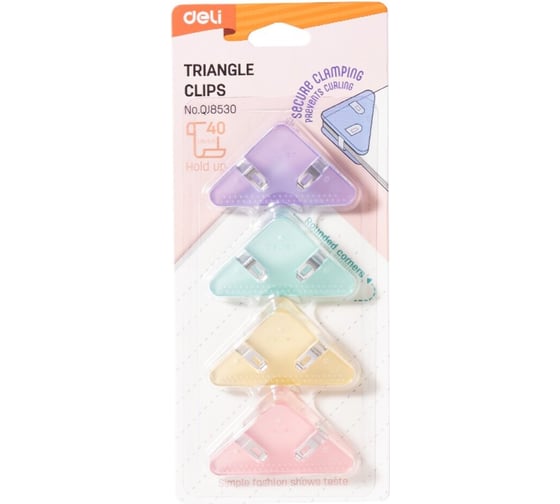 Изображение товара Набор зажимов для бумаг DELI 24 блистера по 4 штуки, цветные, 4 цвета корпуса, 32мм, до 40 листов, угловые, пластиковые, блистер EQJ8530