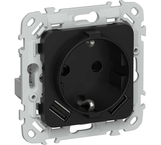 Изображение товара Розетка IEK FLITE с заземляющим контактом и шторками, 16А USB AA 3,1А б/к РСЮша11-1-ФлЧ черный FI-R14-16-1-U21-D31-K02