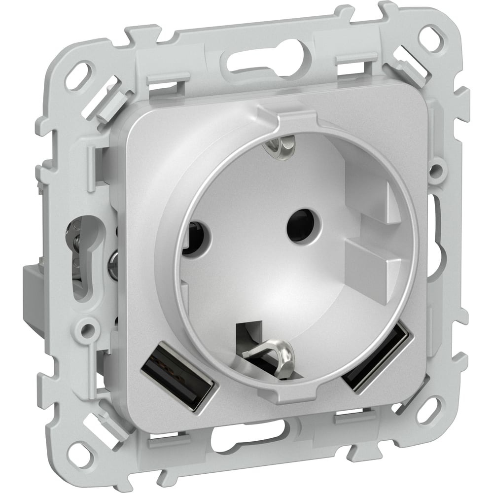 Изображение товара Электрическая розетка IEK FLITE с USB, алюминий, IP20, заземление, шторки