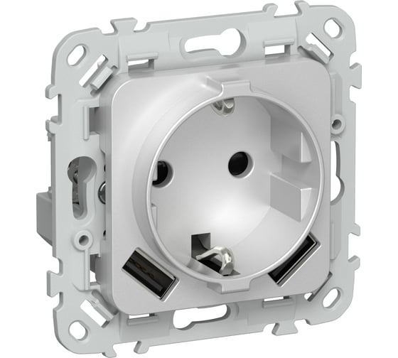 Изображение товара Розетка IEK FLITE с заземляющим контактом и шторками, 16А USB AA 3,1А б/к РСЮша11-1-ФлА алюминий FI-R14-16-1-U21-D31-K47