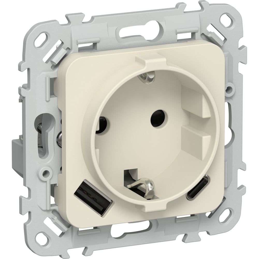 Розетка IEK FLITE с заземляющим контактом и шторками, 16А USB AC 20Вт б/к РСЮшс11-1-ФлСл сливочный FI-R14-16-1-U22-020-K86