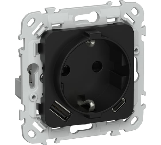 Изображение товара Розетка IEK FLITE с заземляющим контактом и шторками, 16А USB AC 20Вт б/к РСЮшс11-1-ФлЧ черный FI-R14-16-1-U22-020-K02