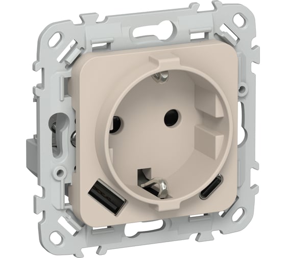 Изображение товара Розетка IEK FLITE с заземляющим контактом и шторками, 16А USB AC 20Вт б/к РСЮшс11-1-ФлЛ льняной FI-R14-16-1-U22-020-K88