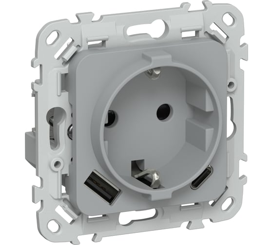 Изображение товара Розетка IEK FLITE с заземляющим контактом и шторками, 16А USB AC 20Вт б/к РСЮшс11-1-ФлС серый FI-R14-16-1-U22-020-K03