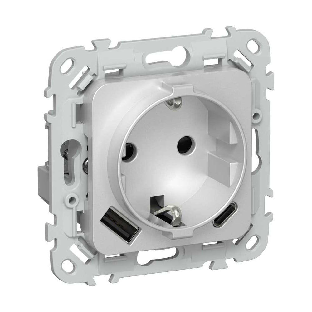 Розетка IEK FLITE с заземляющим контактом и шторками, 16А USB AC 20Вт б/к РСЮшс11-1-ФлА алюминий FI-R14-16-1-U22-020-K47