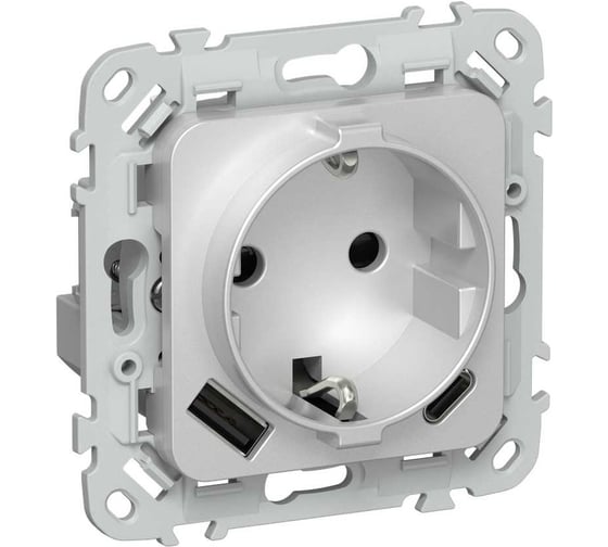 Изображение товара Розетка IEK FLITE с заземляющим контактом и шторками, 16А USB AC 20Вт б/к РСЮшс11-1-ФлА алюминий FI-R14-16-1-U22-020-K47