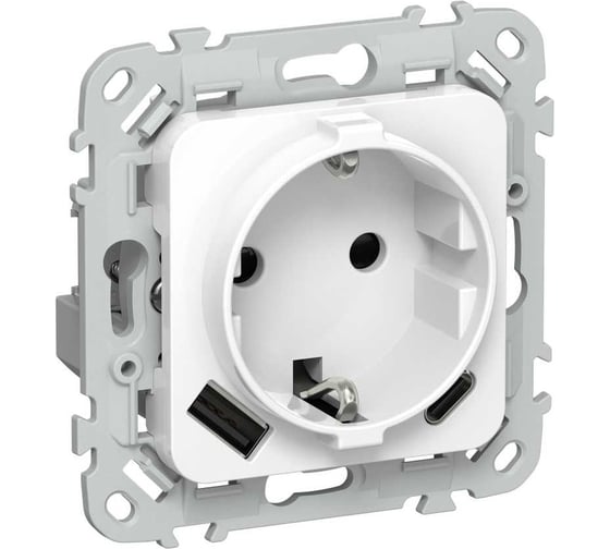 Изображение товара Розетка IEK FLITE с заземляющим контактом и шторками, 16А USB AC 20Вт б/к РСЮшс11-1-ФлБ белый FI-R14-16-1-U22-020-K01