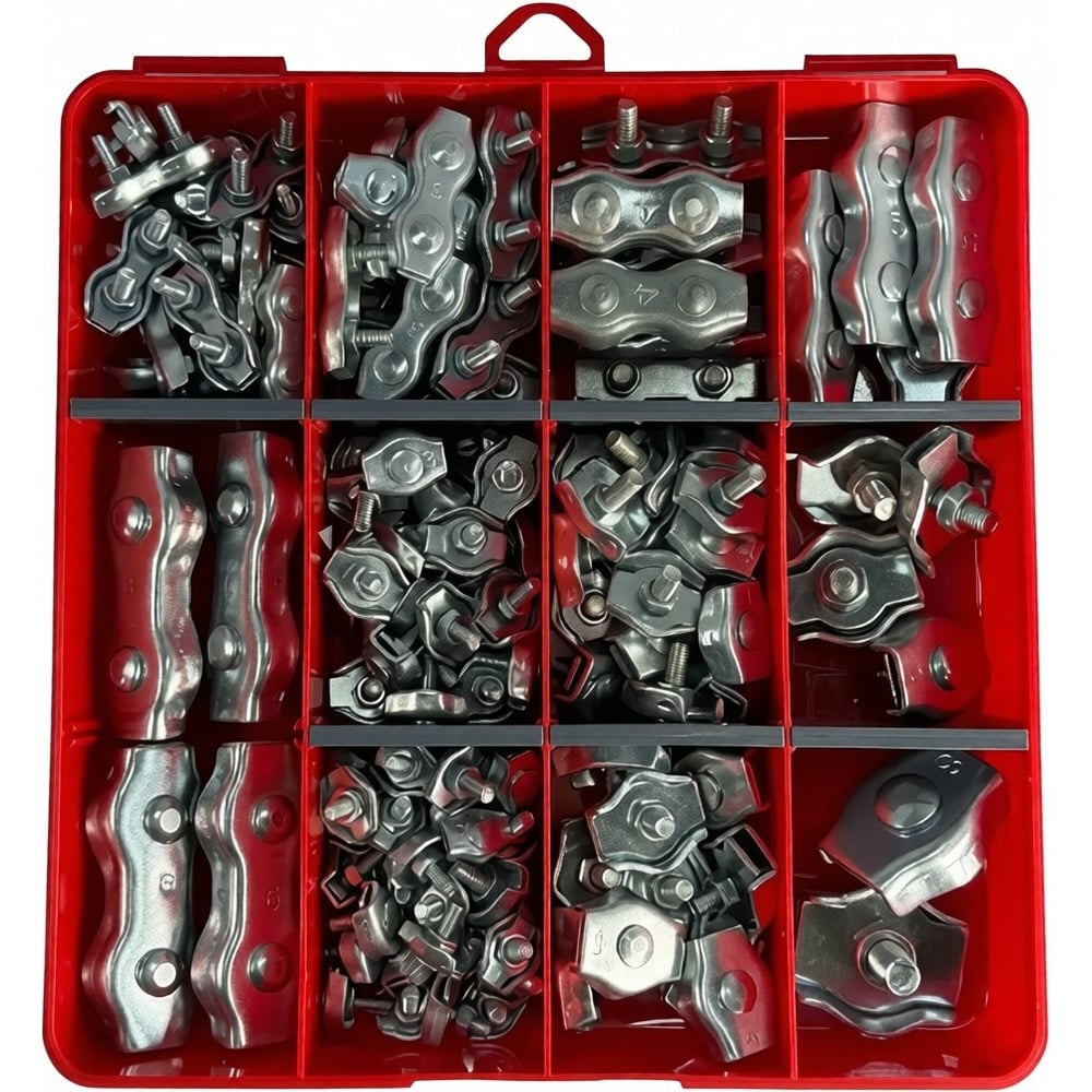 Изображение товара Соединители троса 23 Болта одинарные и двойные набор 128 шт оцинкованная сталь