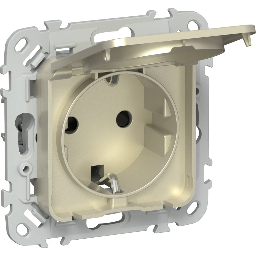 Изображение товара Розетка IEK FLITE с заземлением, IP44, шампань, 16А, механизм с накладкой