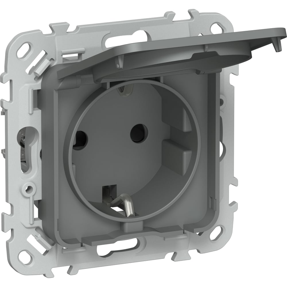 Изображение товара Розетка IEK FLITE с заземляющим контактом, шторками и крышкой IP44 мокрый асфальт